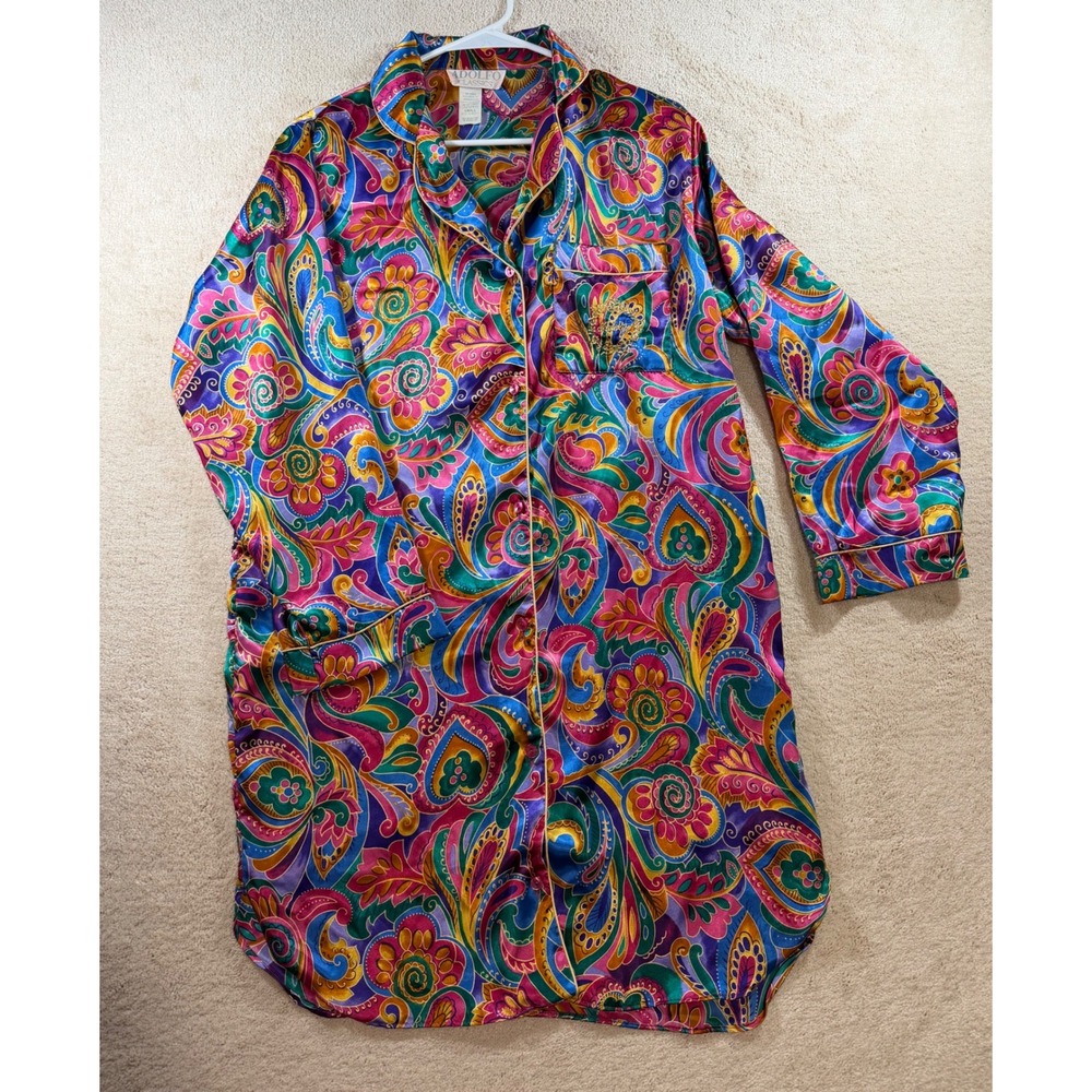 Adolfo Vintage Womens Small Paisley Satin Nightshirt Button Front Sleep Shirt